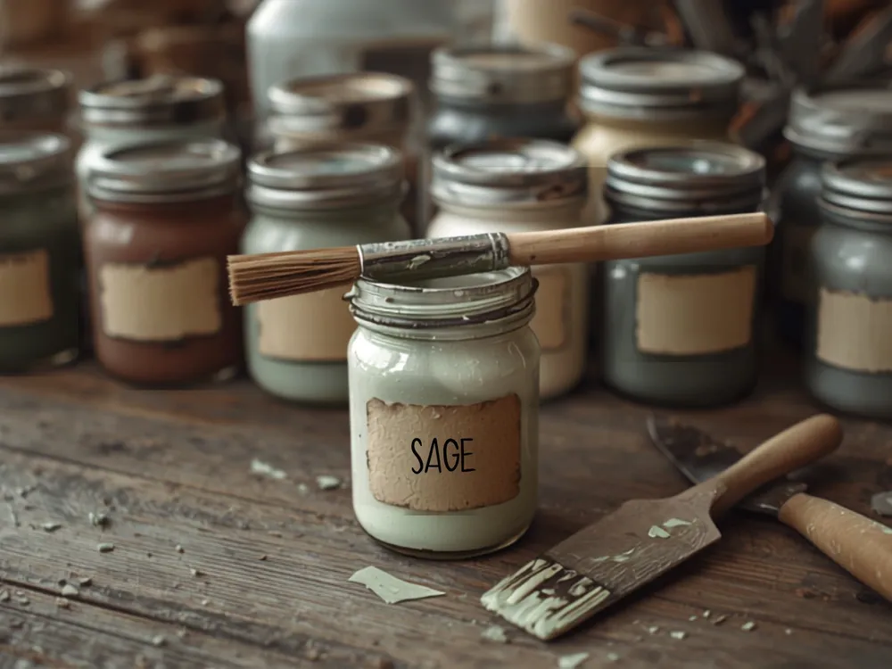 Jars of paint in muted heritage colors on a paint-splattered work table — one open sage jar with a brush resting across its mouth